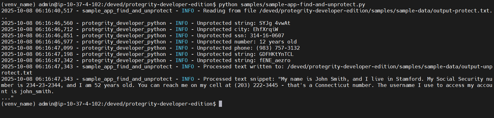 “Sample application unprotect output”